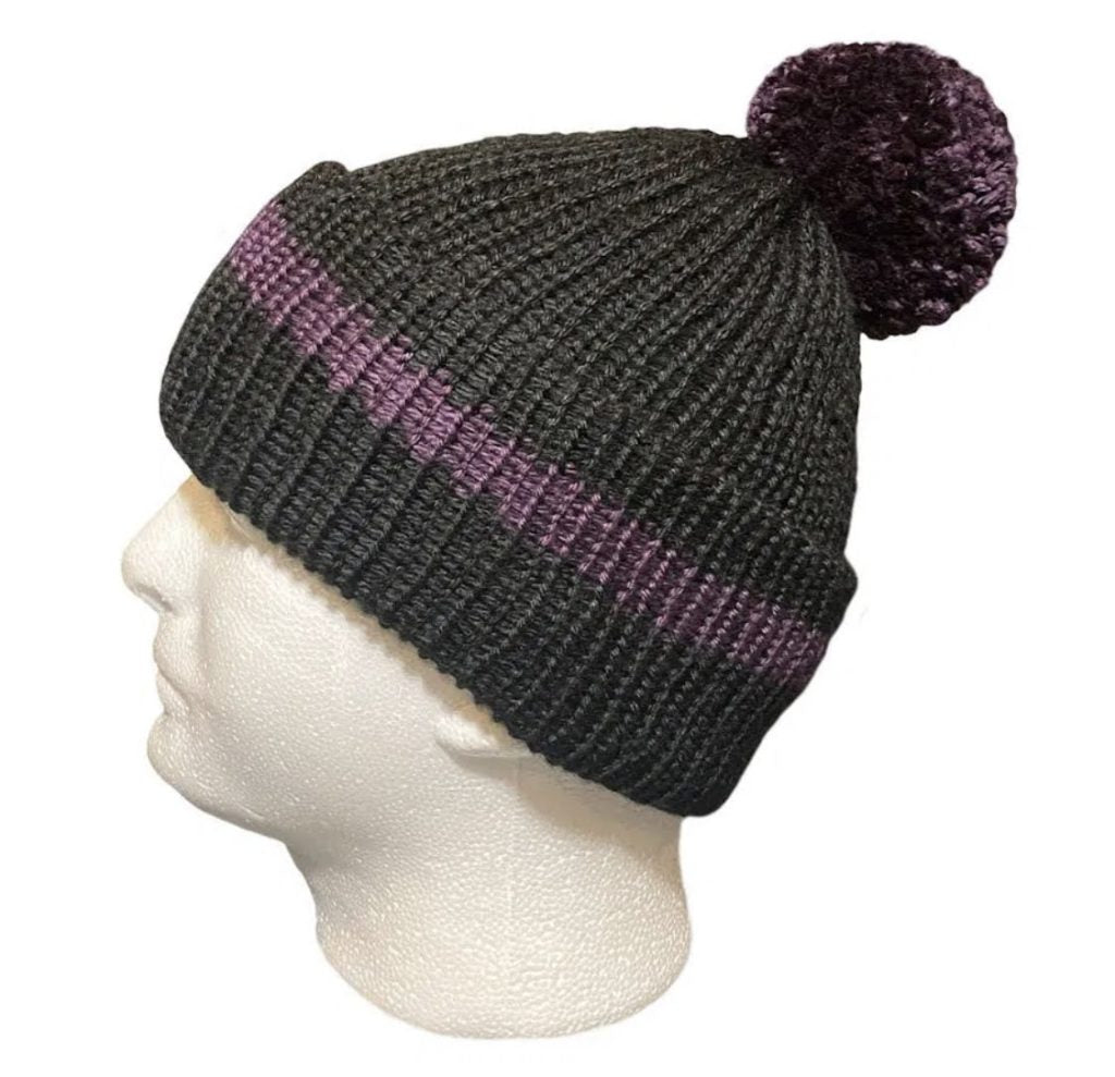 Classic Ribbed Pom-Pom Beanie – Black & Purple Stripe