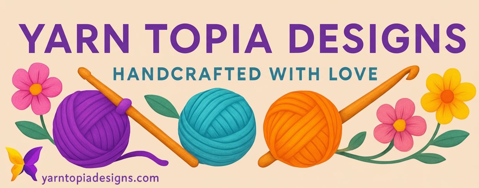 Yarn Topia Designs banner with #EEE2DC background